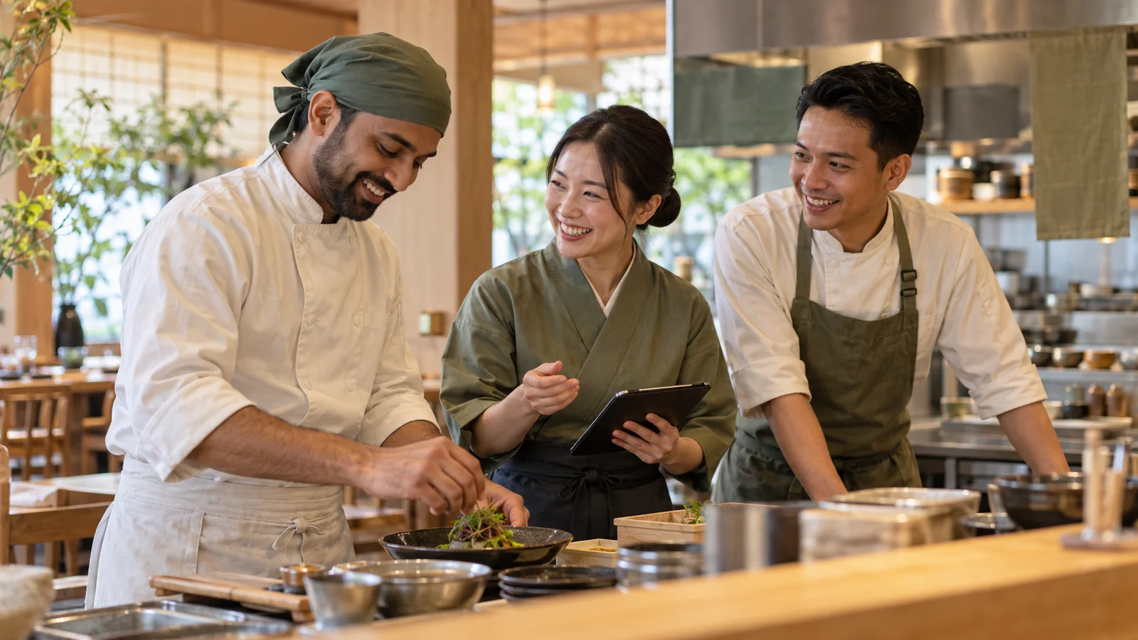 International restaurant colleagues collaborating in a sunlit Japanese restaurant